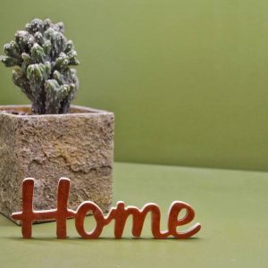 Medinis pastatomas užrašas "Home"