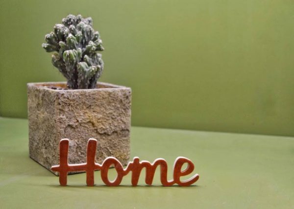 Medinis pastatomas užrašas "Home"