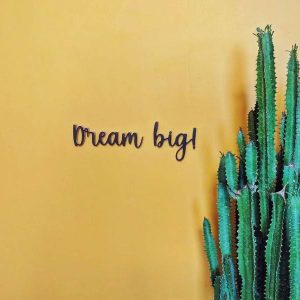 Medinis pakabinamas užrašas "Dream big!"
